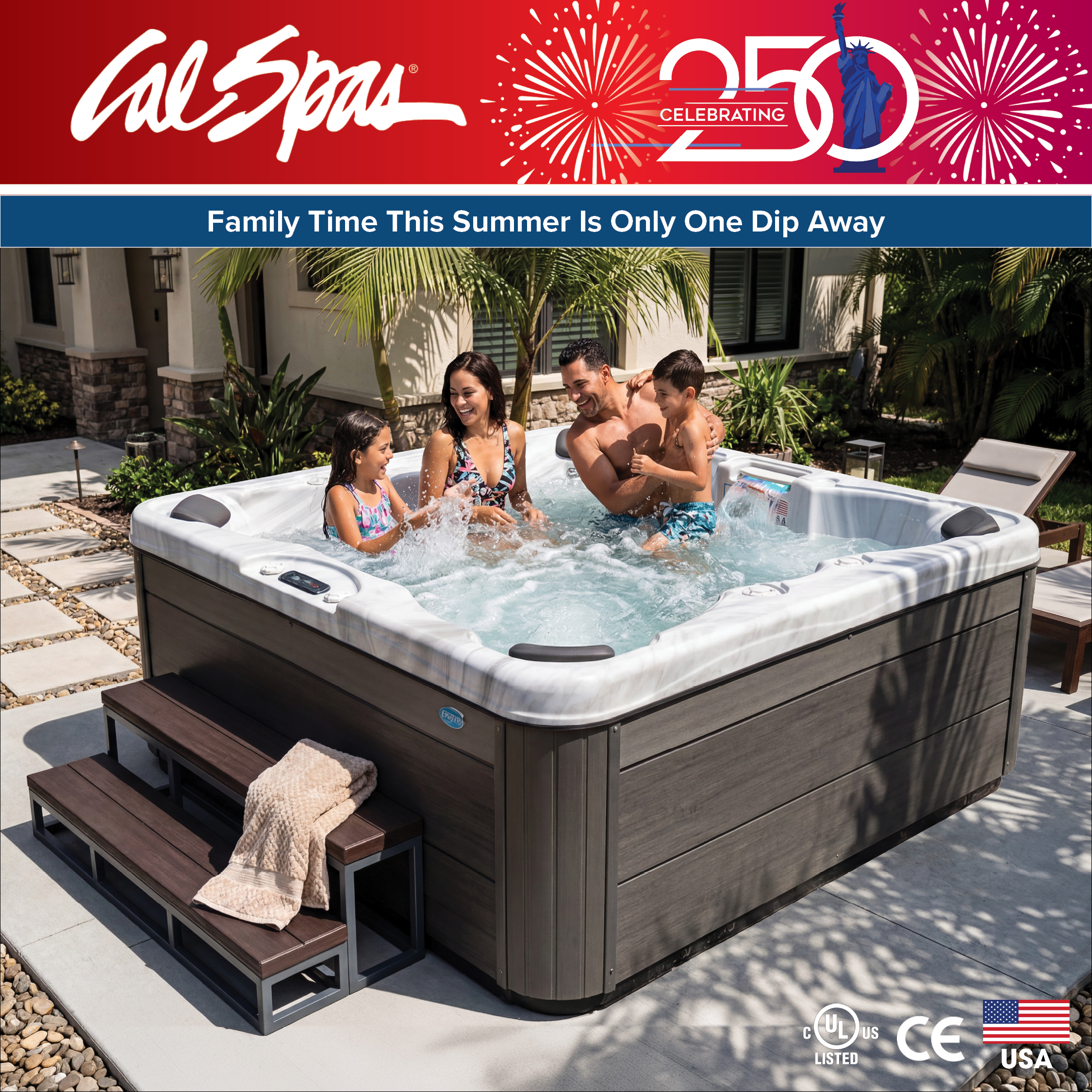 Calspas hot tub being used in a family setting - Saratoga Springs